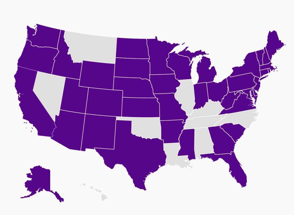 U.S. map representing the 40 states Speech NYU students build professional relationships with aspiring SLPs nationwide.